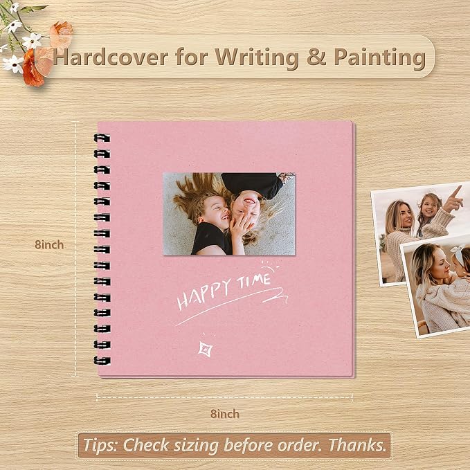 popotop 8x8 Inch Scrapbook Photo Album, 60 Page Decorative Kraft Paper Book for 4x6 Pictures, DIY Memory Photo Albums as Gifts for Wedding Baby Christmas School Family