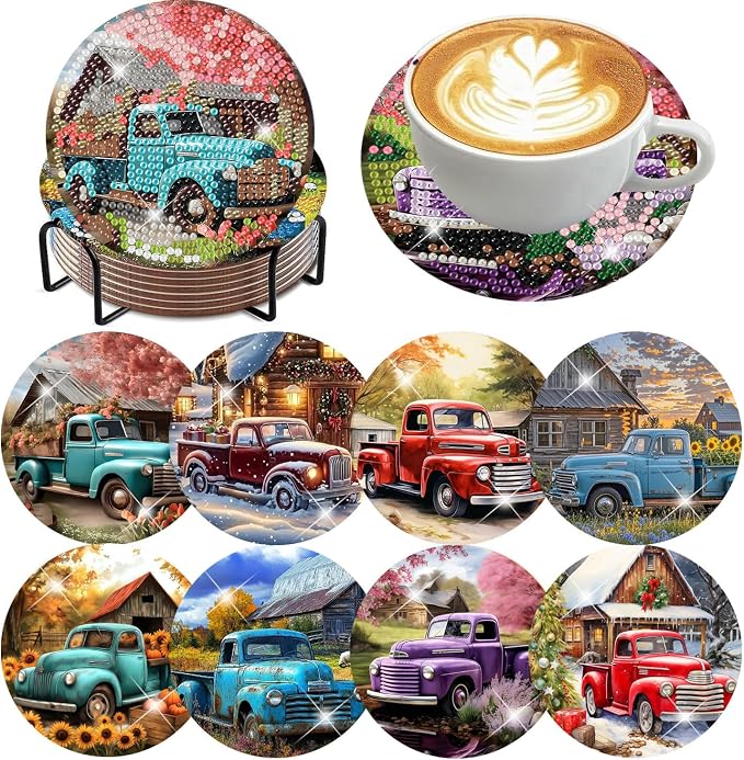 8 Pcs Diamond Art Coasters Kits, Truck Diamond Painting Coasters Kits