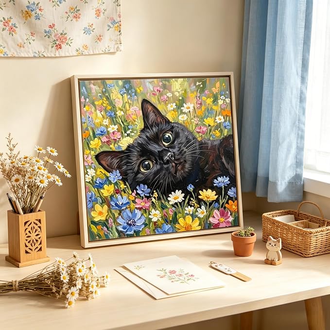 Diamond Painting Kit for Adults, Cat Flower Diamond Art Kits 13.7x13.7In | 5D Full Round Drill Gem Painting Paint by Diamonds Relaxing DIY Craft for Home Wall Decor