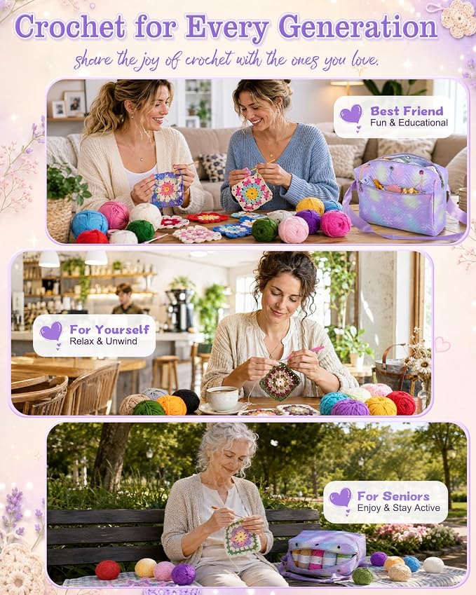 Aeelike Crochet Kit for Beginners Adult, Complete Knitting Yarn Kit, Purple | 87 PCS Crochet Kits for Beginners All-inclusive Crochet Set with Yarns Hooks Step-By-Step Instruction Storage Bag, Ideal Gift