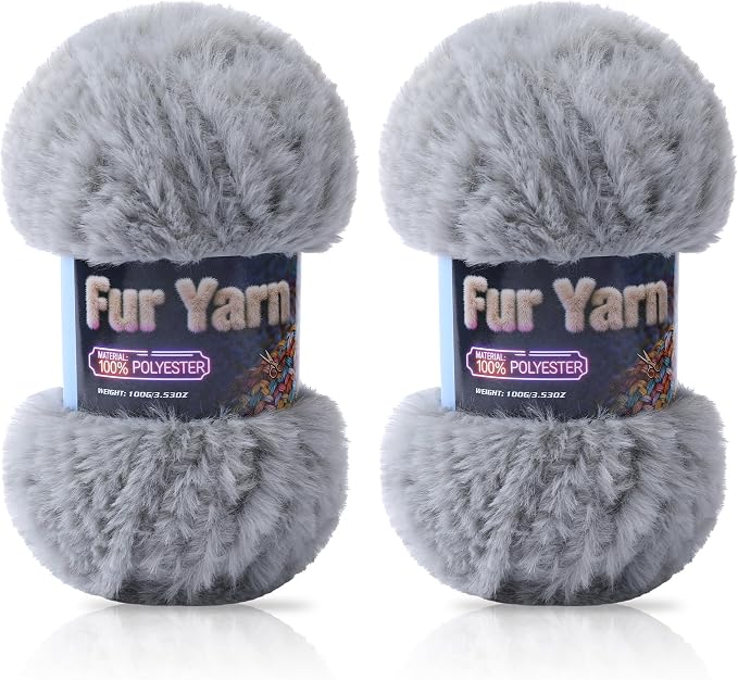 Faux Fur Yarn Soft Fluffy for Crocheting - 2 Skeins(Each 3.5oz/100g, 71yd/65m) - Chunky & Fluffy Yarn for Crochet Amigurumi, Blankets, Hand Knitting, Scarves &Crafts (2, Grey)