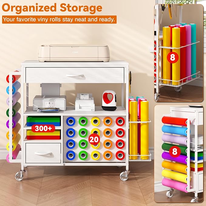Rolling Craft Storage Cart,Table for Cricut Machines,36 Vinyl Roll Holders