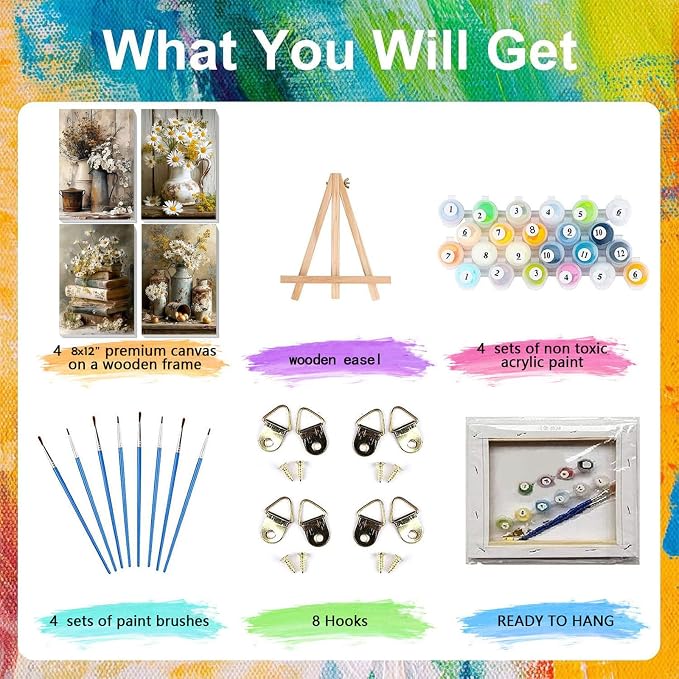 4 Pack Flower Paint by Numbers for Adults with Framed Canvas - Wooden Easel | Vintage Flower Paint by Number, Daisy Rustic Flowers Acrylic Oil Painting on Canvas with Brush for Home Wall Decor 8x12 inch