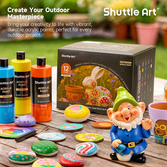 Shuttle Art Outdoor Acrylic Paint Set, 12 Colors Outdoor Paint,16oz Large Bottles, Rich Pigmented Bulk Painting Supplies for Artists, Beginners on Rocks, Wood, Wall, Crafts, Garden Statues