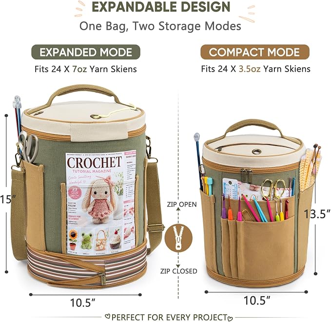 Canvas Yarn Storage Organizer with Removable Dividers, Crochet&Knitting Bag | Expandable canvas yarn organizer with removable dividers, yarn feed holes, project storage and multiple tool pockets