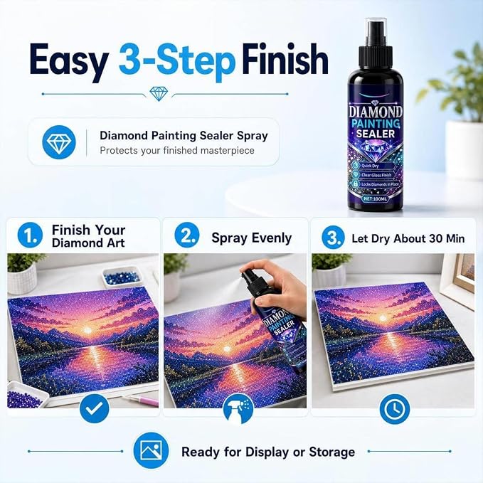 Diamond Art Sealer Spray Accessories 100ml, 30 Minutes Fast Drying, Secure Diamond Fixing & High Gloss Finish, Diamond Art Tools & Accessories, Simple Spray Application, No Brush Required (1 Pack)