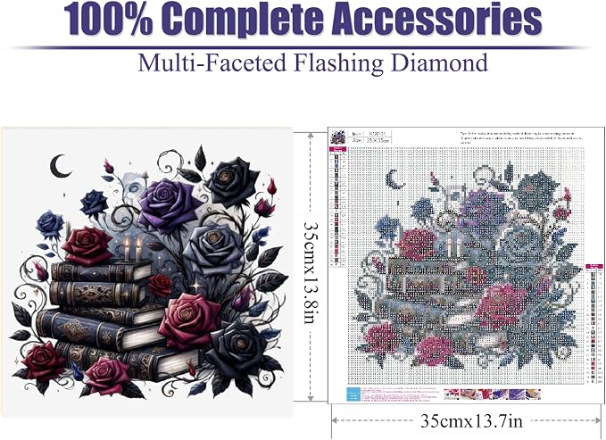 Gothic Diamond Art Kits for Adults,Rose Book Diamond Painting Kits 14X14In