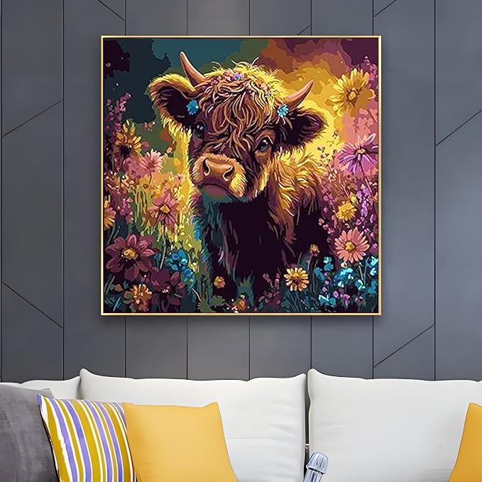 OJTOYART Highland Cattle Paint by Numbers Kit for Adults Beginners, Chrysanthemum Paint by Number Kits on Canvas, DIY Acrylic Oil Painting Kits for Home Wall Decor 16 x16 Inch
