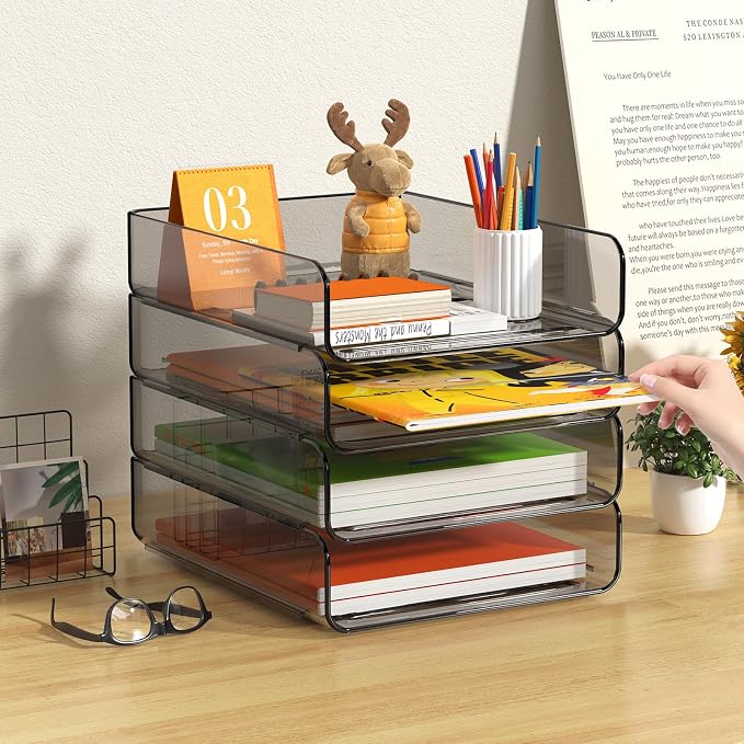 FANXIYQ 4-Tier Acrylic Paper Tray Organizer, Brown Office Paper Organizer