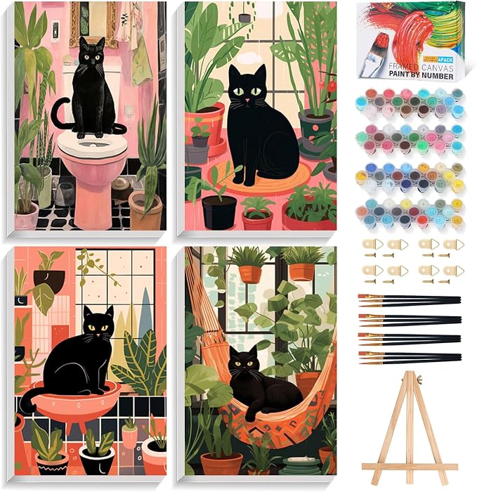 4 Pack Framed Paint by Numbers Kit for Adults Black Cat with Wooden Easel | With Frame Canvas 8x12 IN, For Adults Beginner, DIY Acrylic Painting Cat, Stress Relief Craft Kits, Home Wall Decor Gift