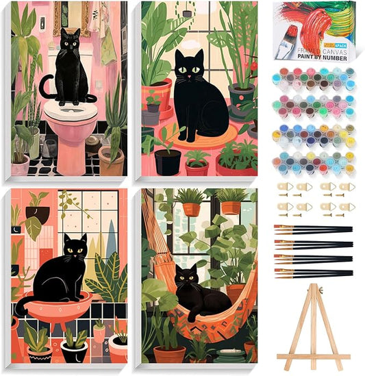 4 Pack Framed Paint by Numbers Kit for Adults Black Cat with Wooden Easel | With Frame Canvas 8x12 IN, For Adults Beginner, DIY Acrylic Painting Cat, Stress Relief Craft Kits, Home Wall Decor Gift