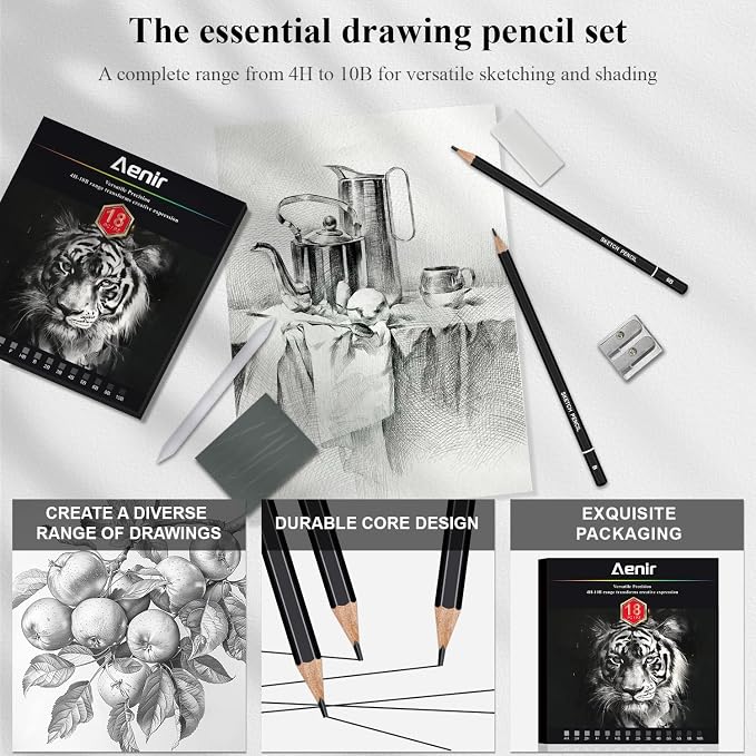 Aenir Sketch Pencils for Drawing, Drawing Pencils Set of 18, 10B–4H Graphite Pencil, Vinyl Eraser, Kneaded Eraser, Sharpener, Blending Stump,Sketch Set for Artists, Art Supplies.