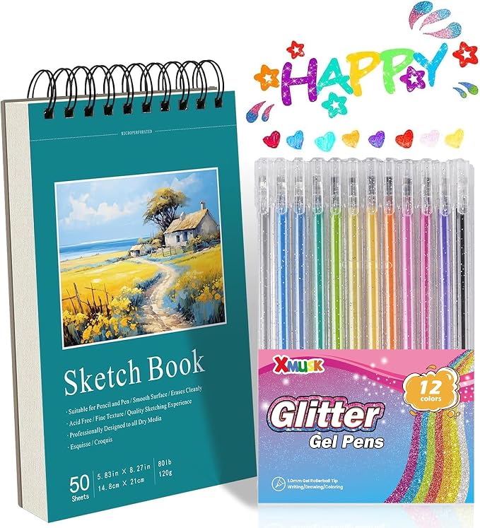 Xmusk 12 Colors Glitter Gel Pens Set with A5 Sketchbook (50 Sheets 120gsm)