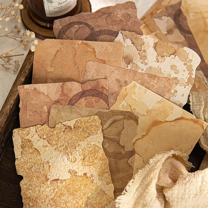 84 Sheets Vintage Textured Scrapbook Paper, 3D Embossed | 2.4 x 3.2 & 3.4 x 4.9 in | Deckled Edge | Coffee-Stained & Fiber Textures | Junk Journaling | Mixed Media | Collage