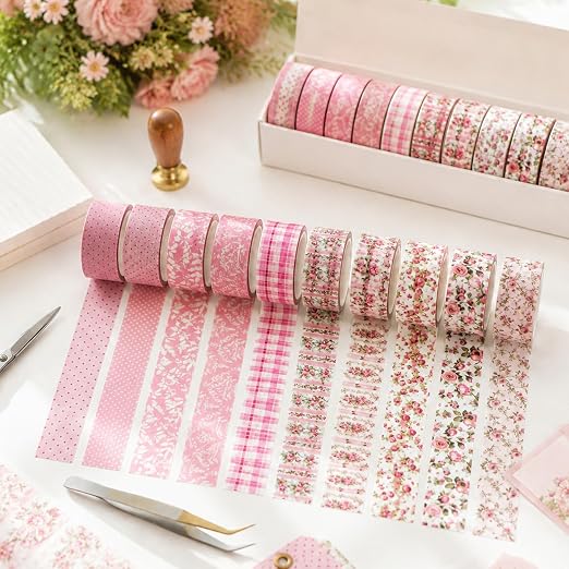 12 Roll Floral Washi Tape Set Flower Decorative Masking Tape for Scrapbook | Pink Floral Print Washi Tape Set for Back to School Arts DIY Craft Scrapbook Journal Supplies Gifts