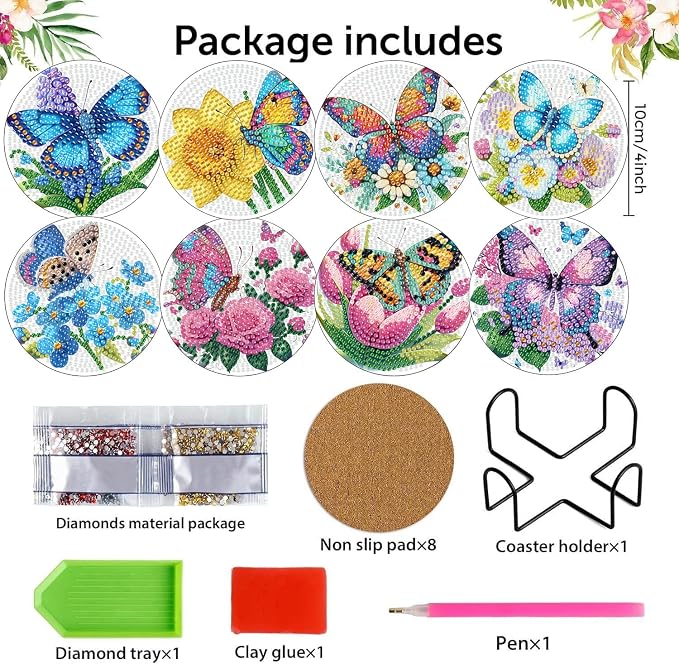 8 Pcs Diamond Art Coasters Kits, Butterfly Diamond Painting Coasters Kits