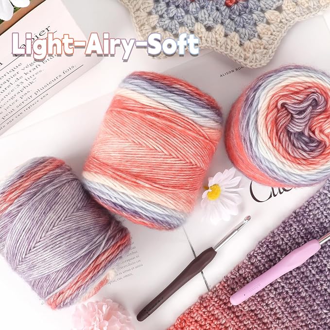 Katech 4 Pack Gradient Cake Yarn for Crocheting-Fairyland Yarn-Super Soft | 100g/3.52 oz-DK Light Weight #3-60% Cotton 30% Acrylic 10% Wool-Perfect for Scarves, Shawls, Blankets and Garments(L)