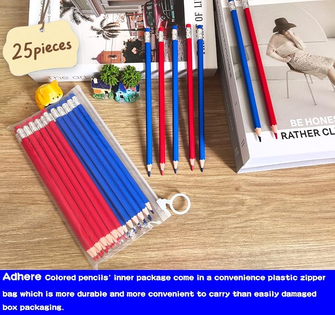 Adhere 25pcs Checking Pencils Erasable colored Pencils Pre-Sharpened #2 HB,for Checking Tests Grading,Map Coloring, editing Office Favors,including a Free sharpener. (Red 13pcs + Blue 12pcs)