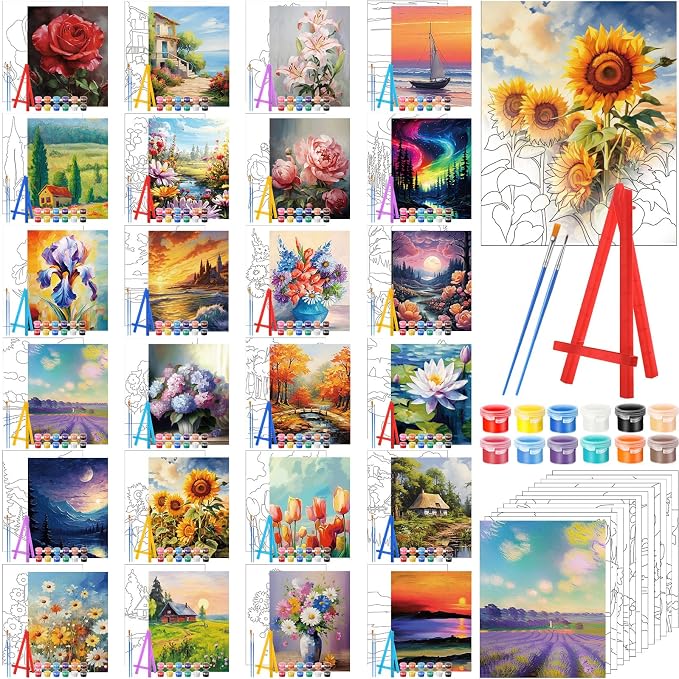 Blosssound 24 Pack Flower Scenery Pre Drawn Canvas to Paint Panels