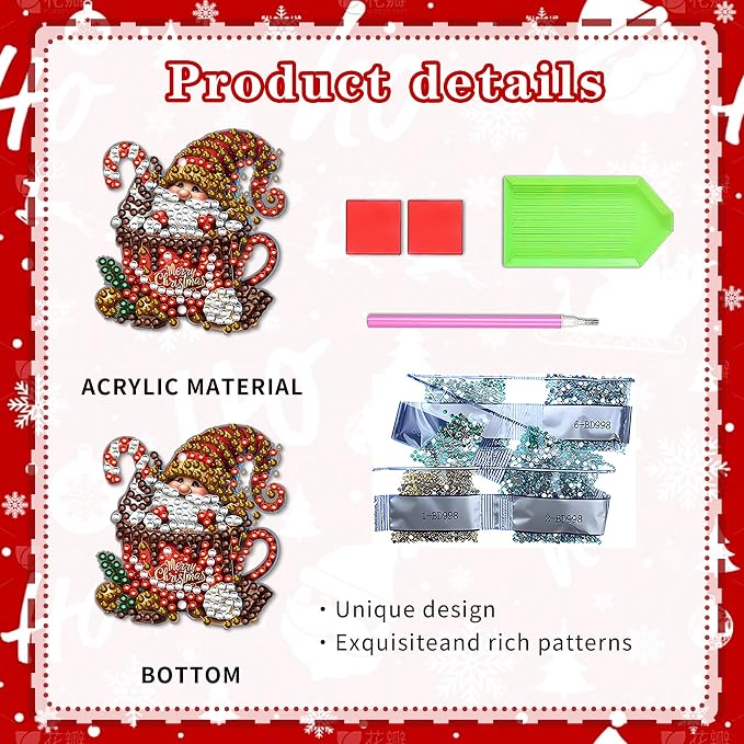 JeCuiK 6 Pcs Diamond Art Christmas Ornaments Gnomes Coffee Diamonds Painting Keychain Kits Double Sided Diamond Art Kits for Adults Xmas Decoration Diamonds Painting Wind Chimes DIY