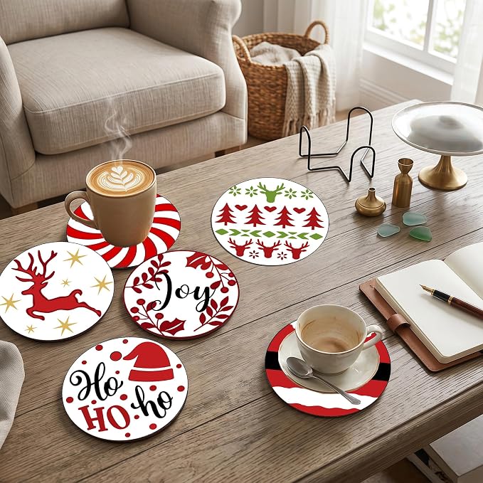 8 Pack Christmas Paint by Numbers Kits Coasters with Holder Cork Pads | Xmas Paint by Number Kits for Adults Simple Round Oil Painting Coaster for Small DIY Craft Holiday Birthday Gift 3.9x3.9in