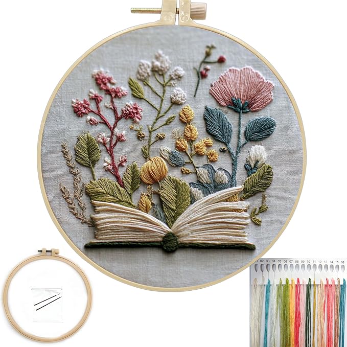 FONNUY Embroidery Kit for Beginners, Flower Book Pre-Stamped Pattern Kits for Adults with Hoop, Cross Stitch Easy to Follow Color Thread Needlework, 8'' Hoop (Green)