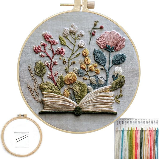 FONNUY Embroidery Kit for Beginners, Flower Book Pre-Stamped Pattern Kits for Adults with Hoop, Cross Stitch Easy to Follow Color Thread Needlework, 8'' Hoop (Green)
