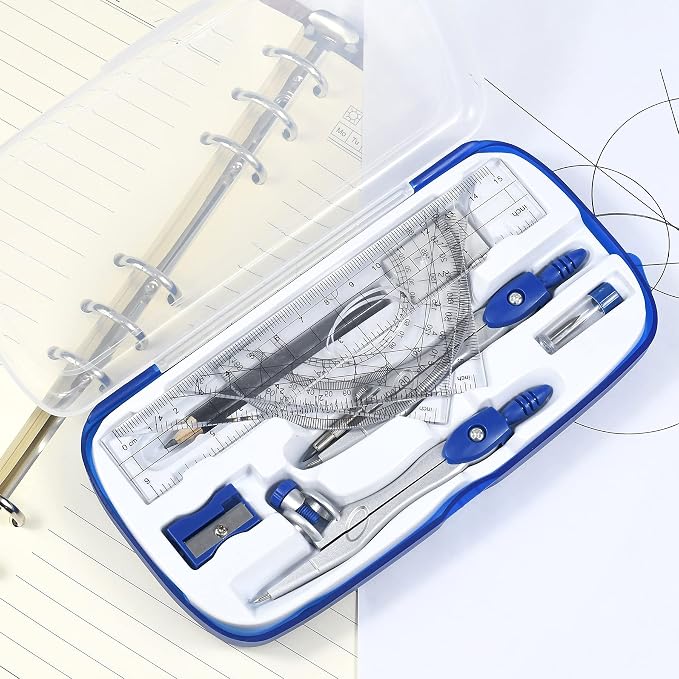 Unjoo Geometry Set 10 Pcs, Compass and Protractor for Students(Navy Blue) | Shatterproof Storage Box,Rulers,Protractor,Compass,Eraser,Pencil Sharpener,Lead Refills,Pencil,for Classroom, Back to School