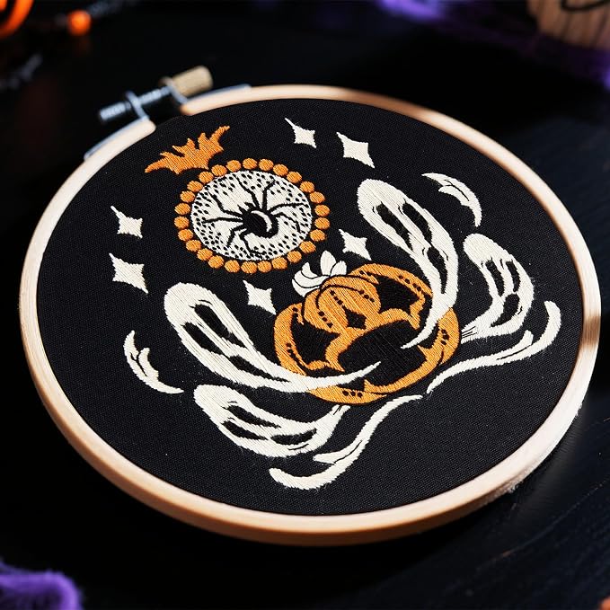 Halloween Embroidery Kits for Beginners Adults, Ghost Embroidery Starter Kits, Halloween Cross Stitch Kits for Beginners Adults Hobbies for Women, Embroidery Fabric, Threads, Hoops and Video Tutorial