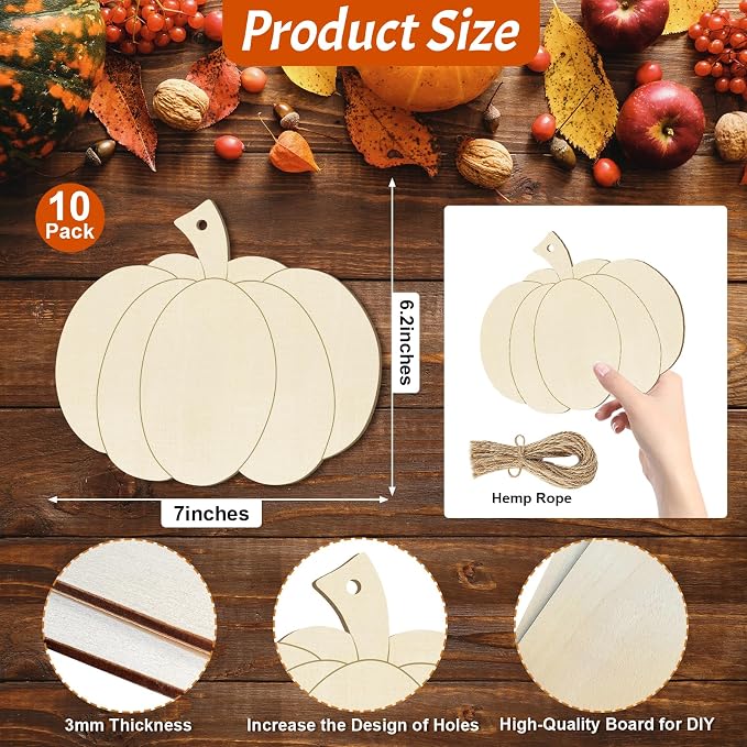 Large Size 7inch Wooden Halloween Thanksgiving Ornaments to Paint,Pumpkin Cutouts Unfinished DIY Blank Unfinished Pumpkin Wood Discs Ornament for Crafts Hanging Autumn Decorations 10PCS