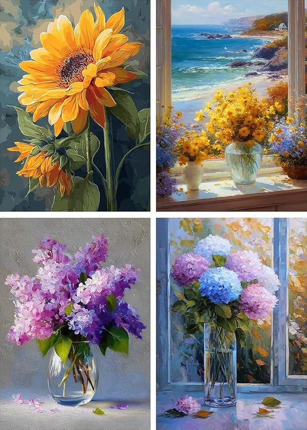 Diamond Art Kits for Adults,4 Pack flowers Diamond Painting Kits 12x16inch