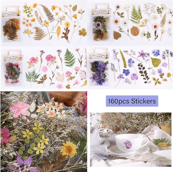 160pcs Transparent Floral & Plant Stickers for Scrapbooking