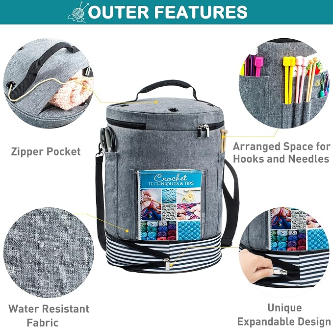MYBAGZING Expandable Yarn Storage Organizer, Crochet Bag & Yarn Tote with Zipper Closure, Yarn Holder for Crocheting and Knitting for Yarn Skeins, Hooks, Needles, Accessories – Gift for Crafters