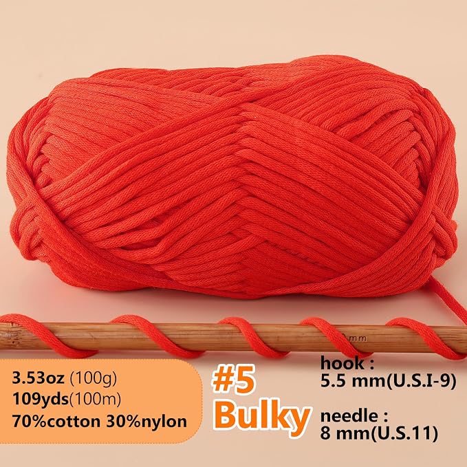 LUCKY BALL Yarn for Crocheting, 100g / 109 yd 70% Cotton 30% Nylon #5 Bulky Tube Yarn, Soft Crochet & Knitting Yarn for Bags, Hats, Socks, Sweaters, Blankets(Red)