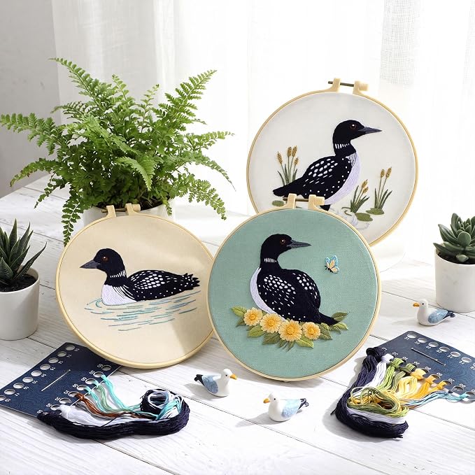 Mindsoft 3 Set Needlepoint Kit for Beginners with Hoop,Loon | Bamboo Hoop Thread Needles Instructions, Easy Hand Embroidery for Beginners Home Crafts,Pre-stamped Funny Cute Designs