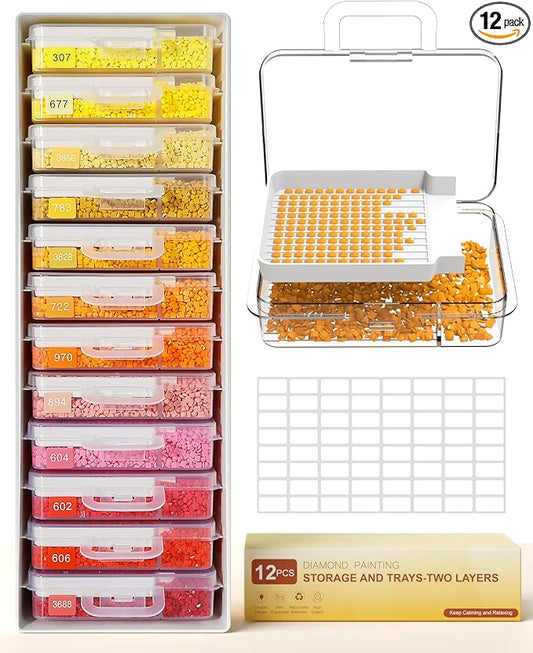 Redtwo 12 PCS Diamond Painting Storage Containers Trays, White | 3-in-1 Diamond Painting Trays with Lids, Detachable Trays, 1 Storage Racks, Diamond Art Accessories, Diamond Art Storage