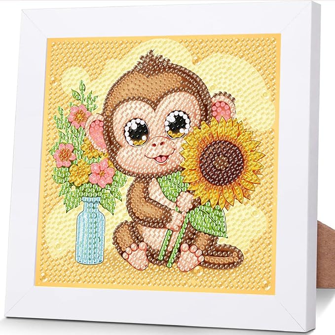 ajepon Monkey Diamond Art Kits for Kids with Frame, Animal Diamond Art for Kids Ages 8-12, Monkeys Diamond Painting Kits for Kid with Beautiful Package for Gift Home Wall Decor (7x7inch)