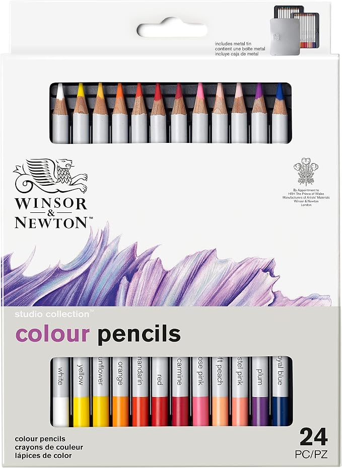 Winsor & Newton Studio Collection, Color Pencils, Set of 24 | Rich, Vibrant Color, Thick-Core Pencils, Soft Smooth Texture, Easy Blending, Stylish Metal Tin Included, High Quality Lead