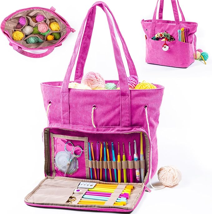 MYBAGZING Large Crochet Bag & Tote, Corduroy Yarn Organizer for Crocheting, Yarn Storage Bag for Hooks and Accessories, Knitting Tote for Crochet Lovers, Mother’s Day Gift