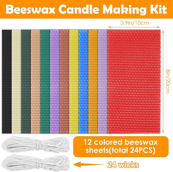 GBACHOOSE 4x8 Inch Beeswax Sheets for Candle Making, 12 Color | 24PCS Beeswax Candle Sheets with Cotton Wicks, DIY Candle Rolling Kit for Kids Adults, Handmade Craft Gift Supplies