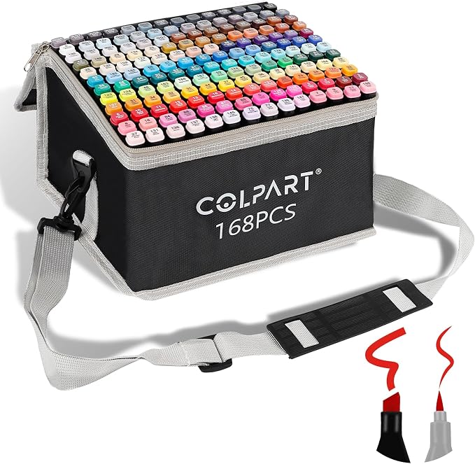 Colpart168 Colors Alcohol Markers Brush Tip with Holder & Bag | Dual Tip, Sketching & Coloring Books, Painting Supplies, for Adults, Carry Bag & Holder, Blendable Inks, Gift for Artists