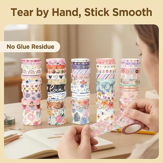 50 Rolls Washi Tape Set, Assorted Sizes, for Junk Journal Scrapbook, Bullet Journaling Scrapbooking Supplies, Planner Sticker DIY Craft Decor (Whimsical Doodles)