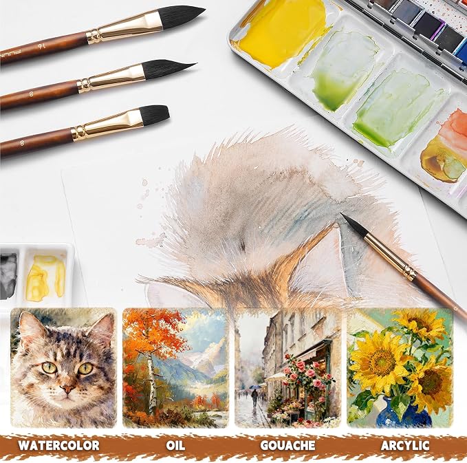 Watercolor Brushes Professional, Fuumuui 10Pcs Synthetic Squirrel Hair Water Color Paint Brush Set for Artists - Flat, Round Pointed, Dagger, Cats Tongue Oval Wash for Watercolor Gouache Inks Painting