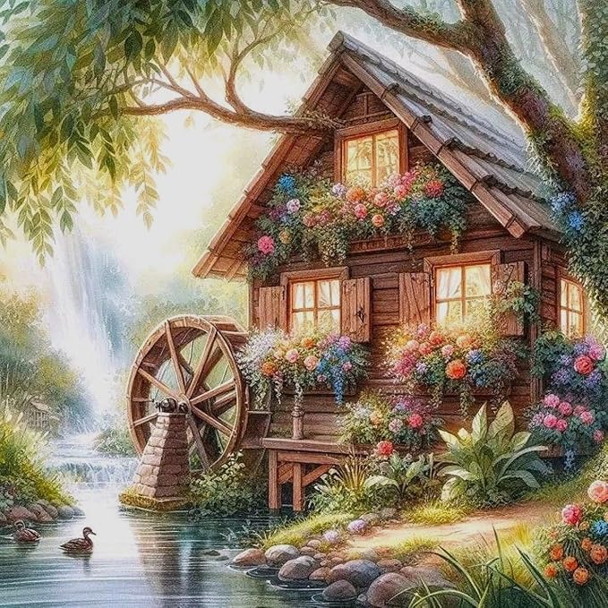 Accompany Wind Countryside Diamond Art Kits for Adults,5D Water Wheel Diamond Painting Kits for Beginners,DIY Round Full Drill Diamonds Gem Art Crafts for Home Wall Decor Gifts 14x14 Inch