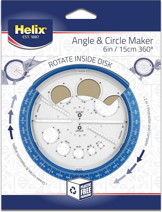 Helix Angle and Circle Maker with Integrated Circle Templates, 360 Degree, 6 Inch / 15cm, Assorted Colors (36002) | Integrated Templates - Geometry and Math Tool - Ideal School Supplies for Students - Precise Drafting and Drawing