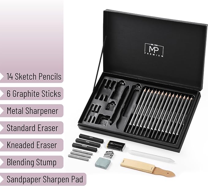 Mr. Pen- Drawing Sketching Pencil Set, 25 pcs, Graphite Pencils (10B-6H) | Graphite Sticks, Erasers, Sharpener, Blending Stump & Sandpaper Pad for Drawing, Shading & Art Projects