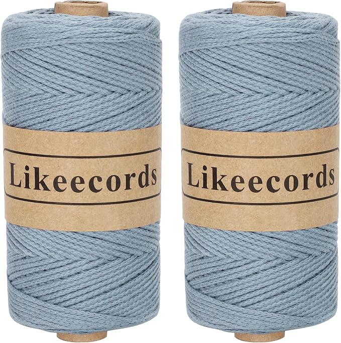Likeecords 2 Skeins of 100% Cotton Crochet Bag Cord 2mm x 170m Macrame Cord 2mm Crochet Thread Macrame Rope Gift for Knitter (Haze Blue)
