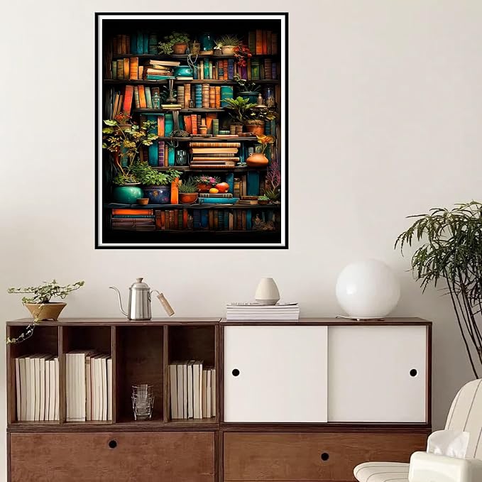 Yunruily Bookshelf Paint by Number Canvas for Adults-Bookshelf Paint by Numbers Adult,Book Oil Painting by Numbers for Adults and Home Wall Decor(with Gifts Box) 16x20inch