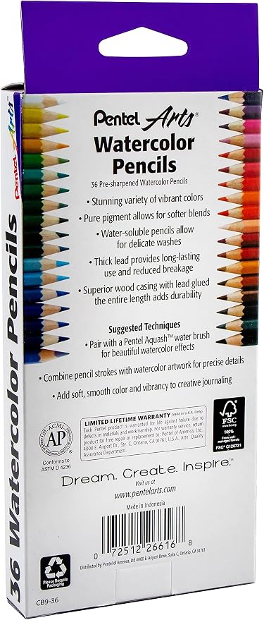 Pentel Arts Watercolor Pencil Set - Assorted Colors, 36-Pack (CB9-36)