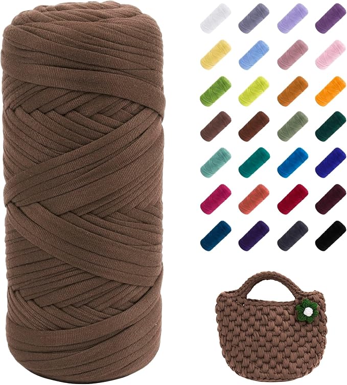JeogYong T-Shirt Yarn, 200g/196ft Elastic Fabric Cloth Knitting T Shirt Yarn, Coffee Thick Crochet Fabric Ribbon for Crocheting Bags/Baskets/Rugs, Home Decor, DIY Crafts